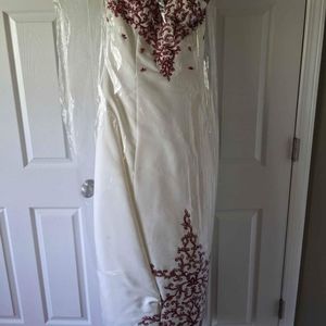 Cranberry and ivory wedding dress